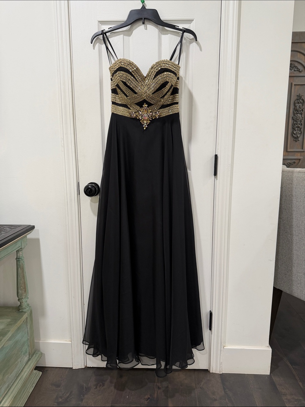 Black and Gold Beaded Evening Gown